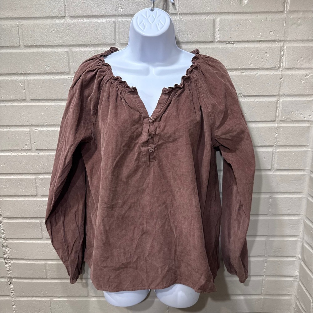Neuflora Corduroy Ruffle Blouse Monte Rio Long Sleeve Brown Fine Wale Cotton M